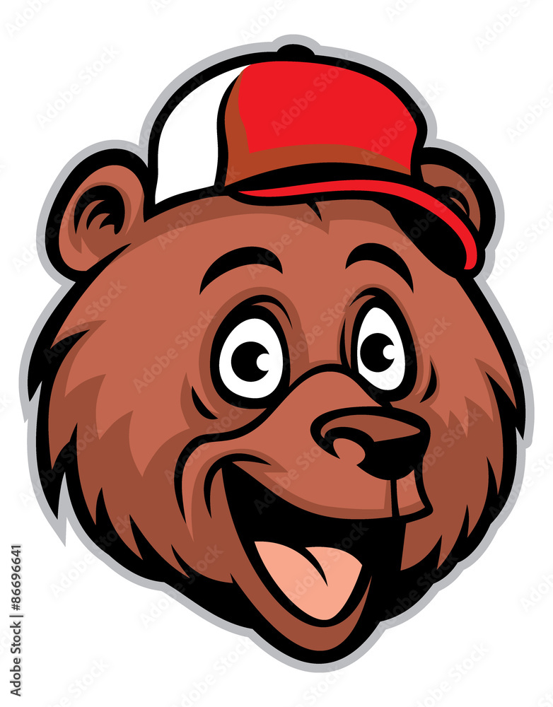 Naklejka premium cartoon cheerful bear head wearing a baseball cap