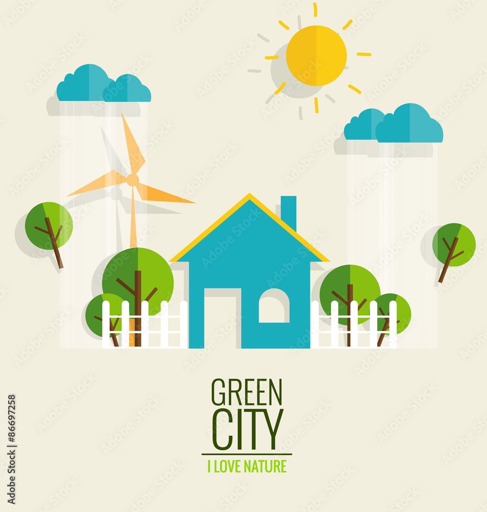 ECO FRIENDLY. Ecology concept with Green city and Trees. Vector