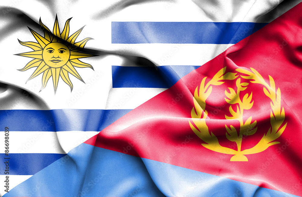 Fototapeta premium Waving flag of Eritrea and Uruguay
