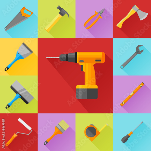 Set of construction tools flat icons. Spanner, pliers, hammer, screwdriver, brush, roller, axe, saw, drill, spatula, level and tape measure.