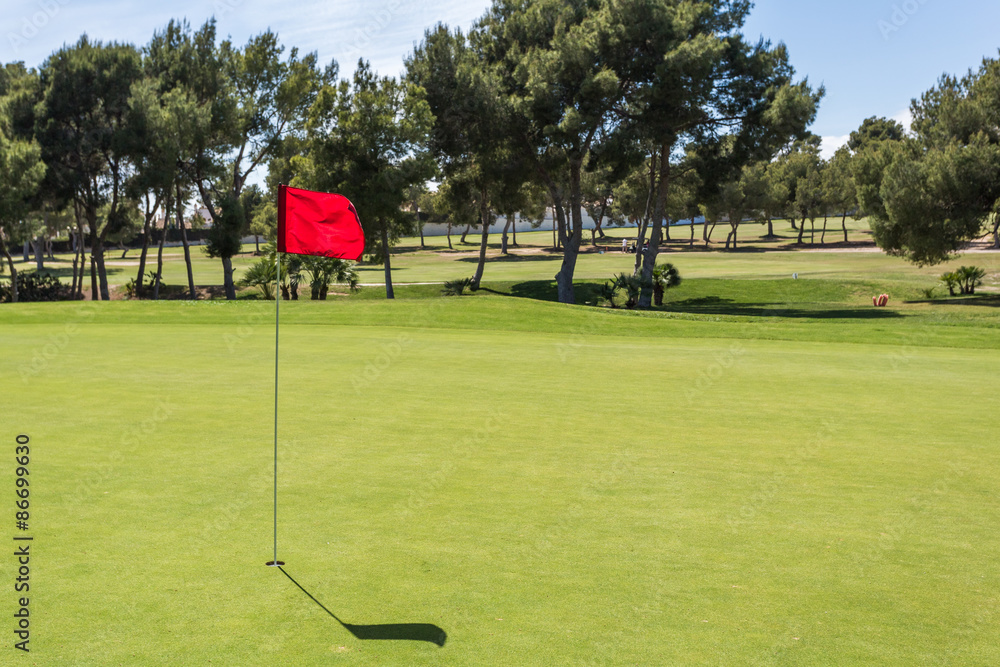Obraz premium Red flag in the hole on a green golf field
