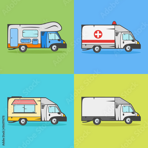 Set of transport icons. Camper, ambulance, food truck and cargo truck.