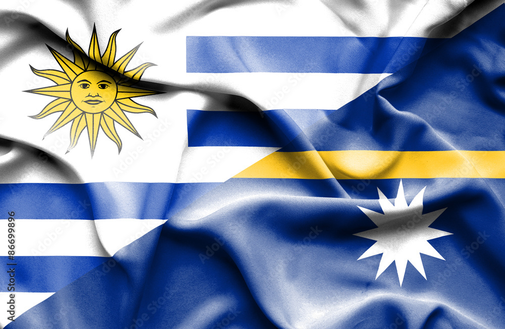 Fototapeta premium Waving flag of Nauru and Uruguay