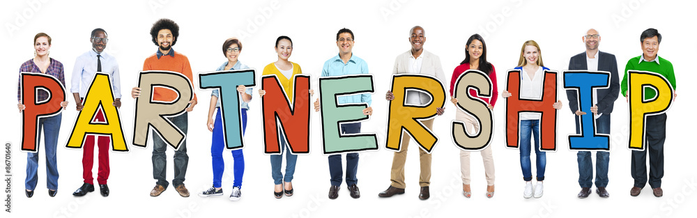 Multiethnic Group of People Holding Letter Partnership Multiethnic Group of People Holding Letter Partnership