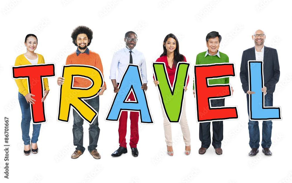 Diverse Group of People Holding Text Travel Diverse Group of People Holding Text Travel