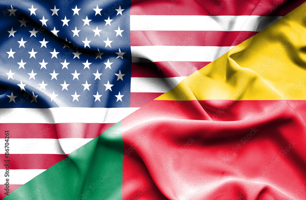 Obraz premium Waving flag of Benin and USA