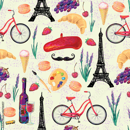 Seamless Paris French food pattern with Eiffel Tower, hat, mustache, wine glass, grapes, bottle of wine and cake, croissant, ice cream, macaroon. Perfect for wallpaper, web page background, textile