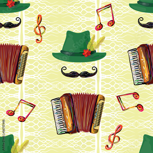 German music seamless pattern Tirol Bavarian Oktoberfest hat, mustache, accordion vector background. Perfect for wallpapers, pattern fills, web page backgrounds, surface textures, textile