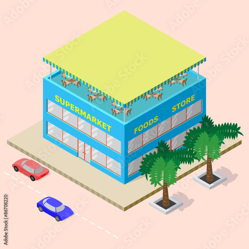 Isometric shopping center with supermarket, foods store and rooftop cafe. There are cars and palm trees beside this. Vector illustration for your 3d design.