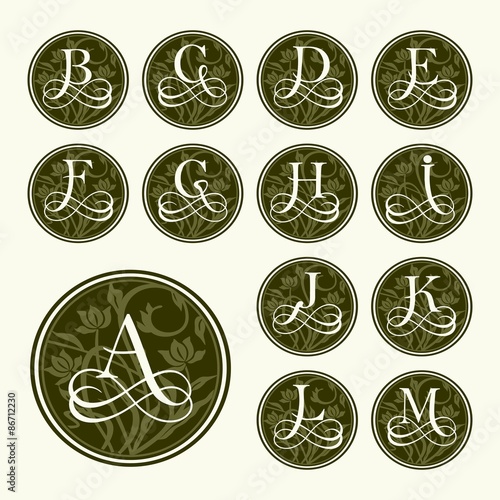 Vintage set capital letters, floral Monograms and font. 