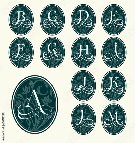 Vintage set capital letters, floral Monograms and font. 