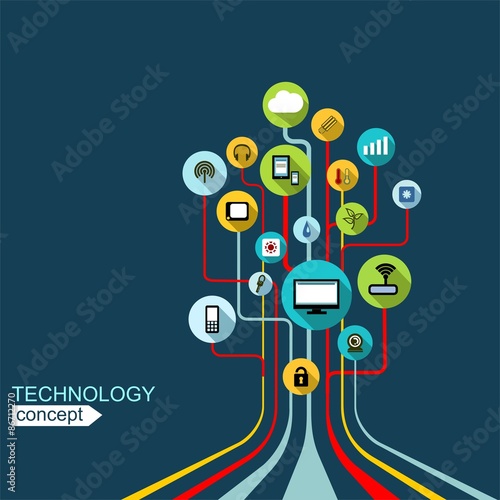 Technology concept.  Background with lines, circles , icons 
