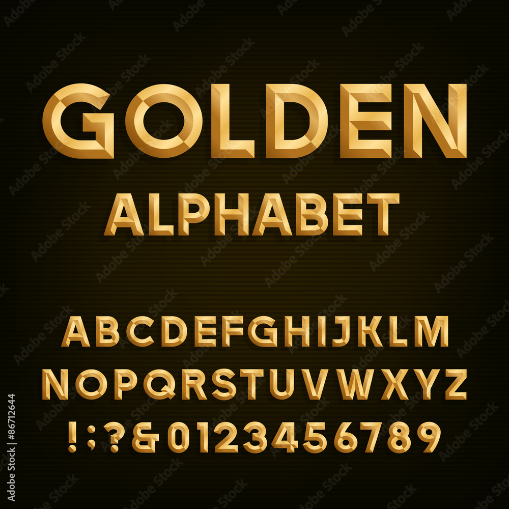 Golden Beveled Font. Vector Alphabet. Gold effect beveled letters, numbers and punctuation marks on a dark background. Stock vector font for your headlines, posters etc.