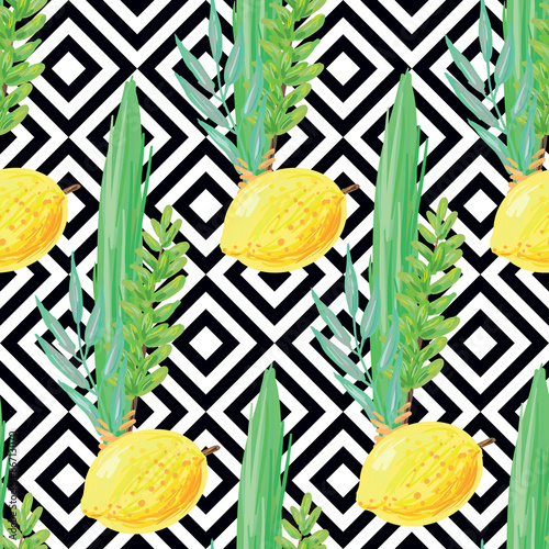 Seamless pattern with palm branch, willow and myrtle leaves, bright yellow etrog. Jewish festival Sukkot four species lulav and esrog. Perfect for wallpapers, pattern fills, surface textures, textile