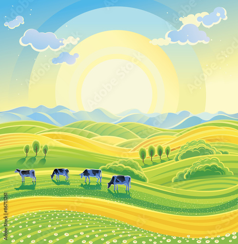 Sunny summer landscape and herd of cows on the meadow. Vector illustration.