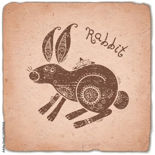 Rabbit. Chinese Zodiac Sign Horoscope Vintage Card.