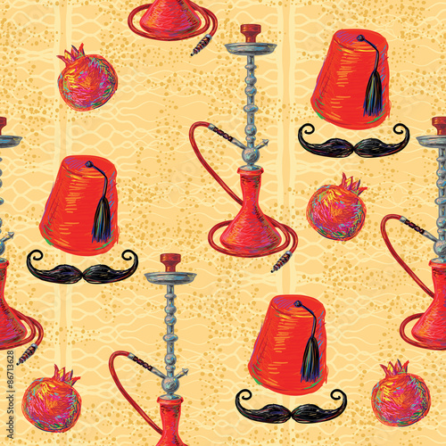Turkish seamless pattern with fez, mustache, pomegranate and hookah. Tiled background oriental ornament vector illustration perfect for wallpaper, pattern fill, web page, surface texture, textile
