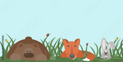 Forest dwellers (bear, fox, hare) hiding in the grass, looking around with curiosity 