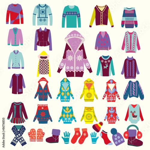 collection of woman and man winter clothes
