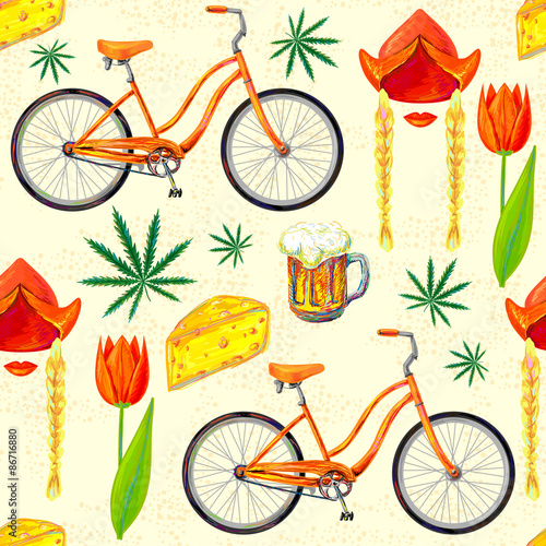 Netherlands seamless pattern with bicycle, cheese, beer, marijuana cannabis leafs and spring tulips. Perfect for wallpapers, pattern fills, web page backgrounds, surface textures, textile