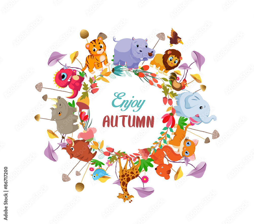 Goodbye summer. Hello autumn with animals ground round background Goodbye summer. Hello autumn with animals ground round background