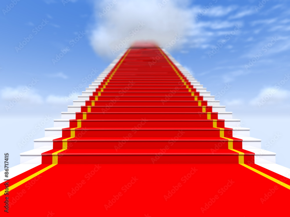 Stairs, red carpet, the sky with clouds. Stairs, red carpet, the sky with clouds.