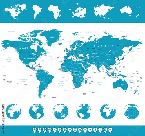 World Map, Globes, Continents, Navigation Icons - illustration. Highly detailed vector illustration of world map, globes and continents.