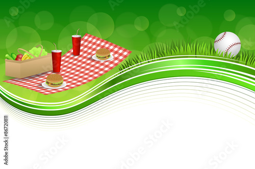 Background abstract green grass picnic basket hamburger drink vegetables baseball ball frame illustration vector