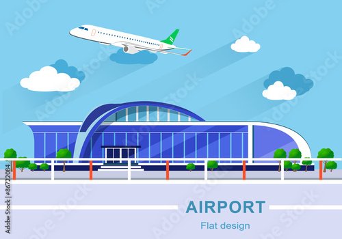 Flat design concept of detailed airport building with airplane