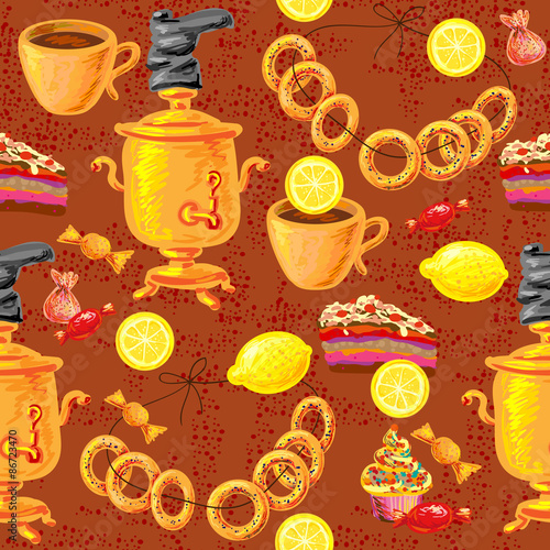 Seamless tea pattern Russian samovar. Perfect for wallpapers, pattern fills, web page backgrounds, surface textures, textile
