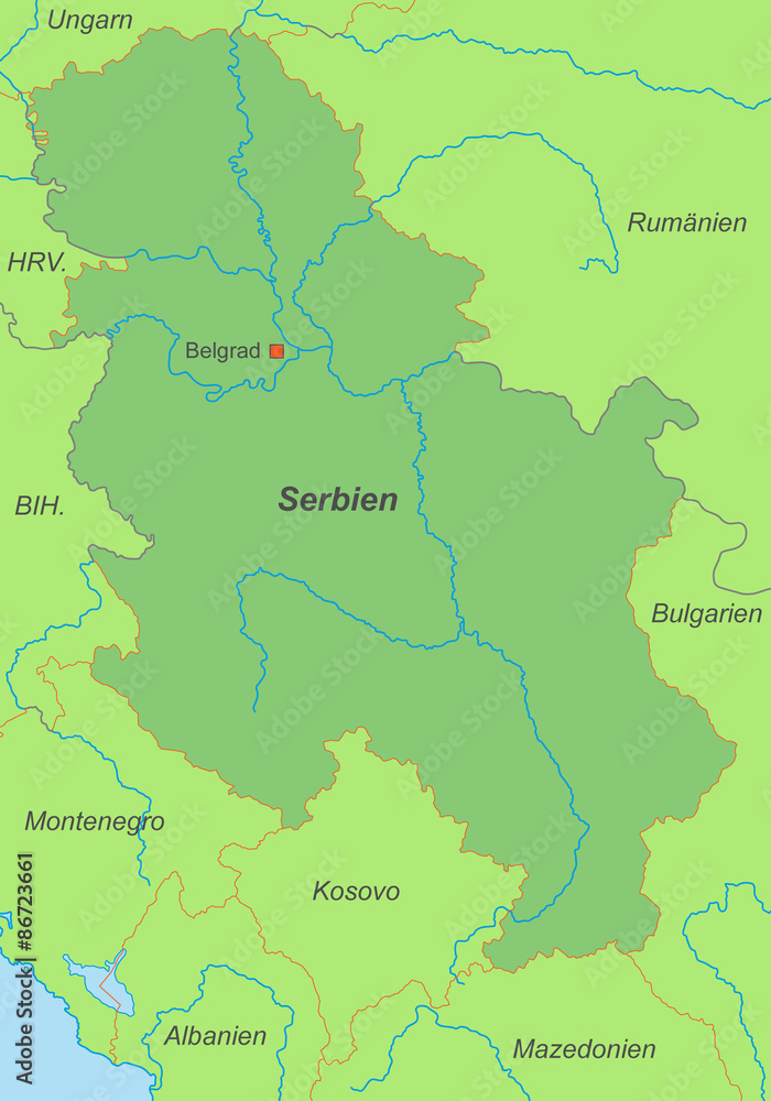 Serbien in grün (beschriftet) - Vektor