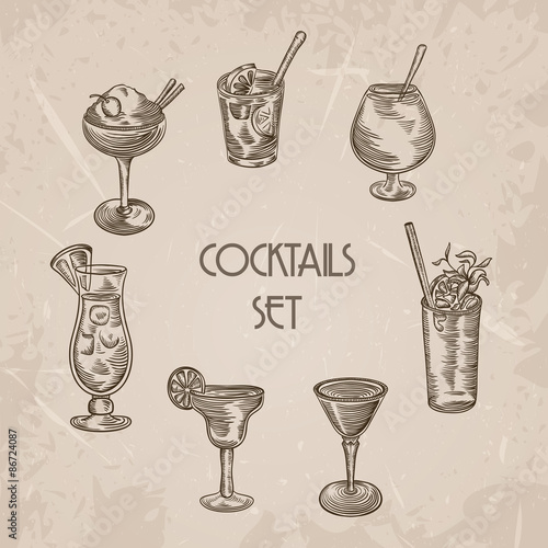 Collection of vintage cocktails. Retro hand drawn vector illustrations on grunge background