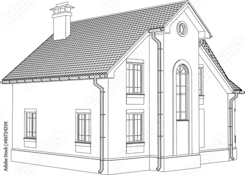 Wireframe perspective of house - 3D render of a building. Vector illustration.