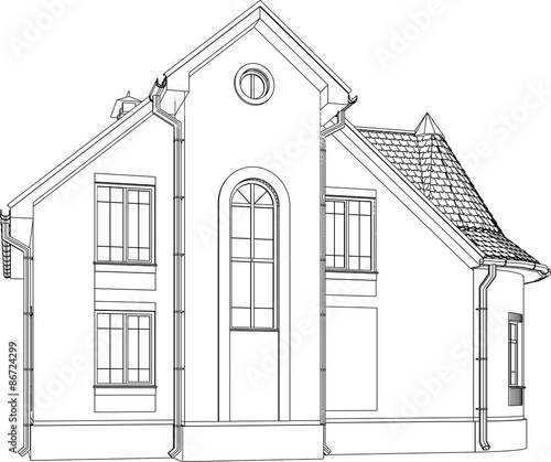Perspective 3D render of building wireframe - Vector illustration