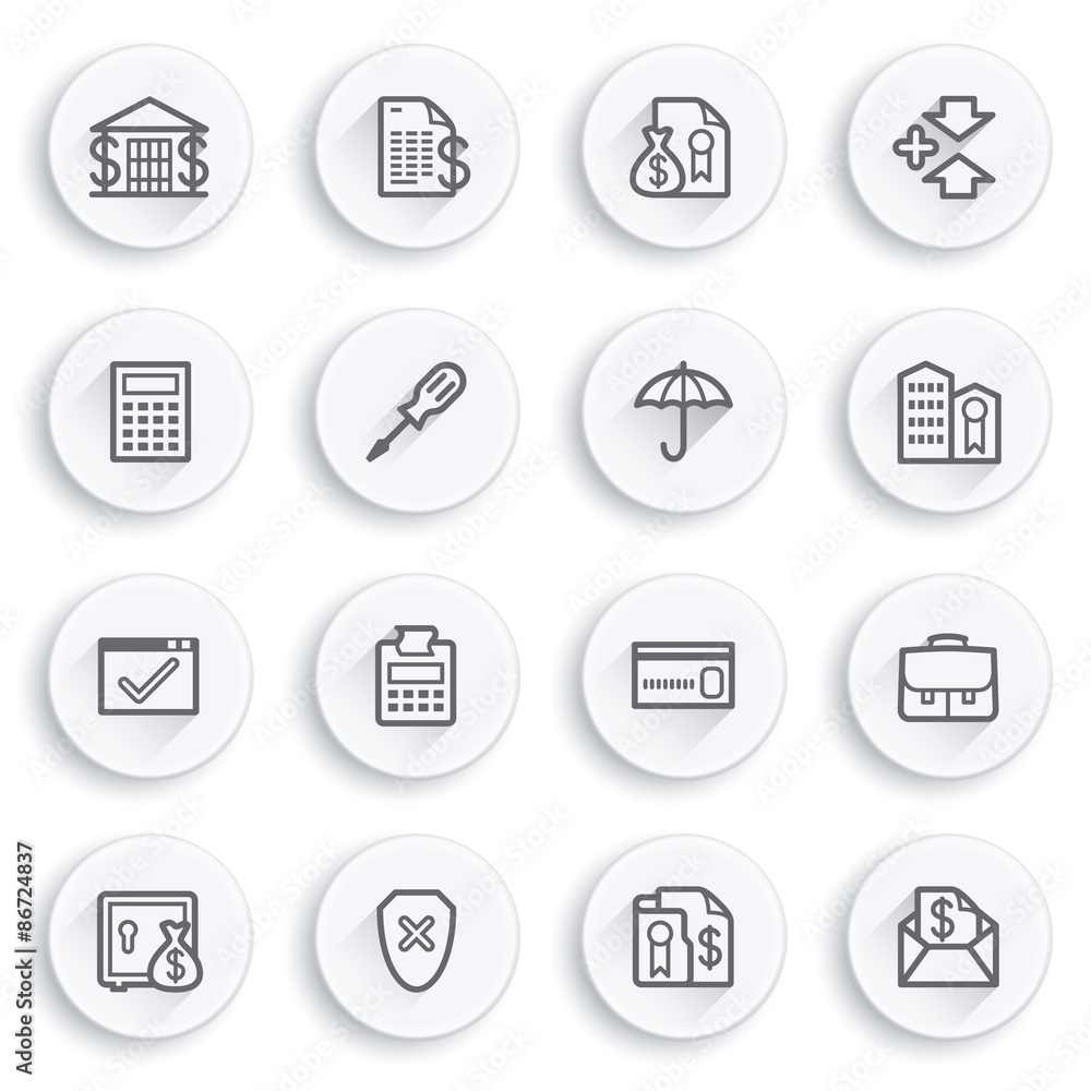 Banking flat contour icons on white buttons. Banking flat contour icons on white buttons.