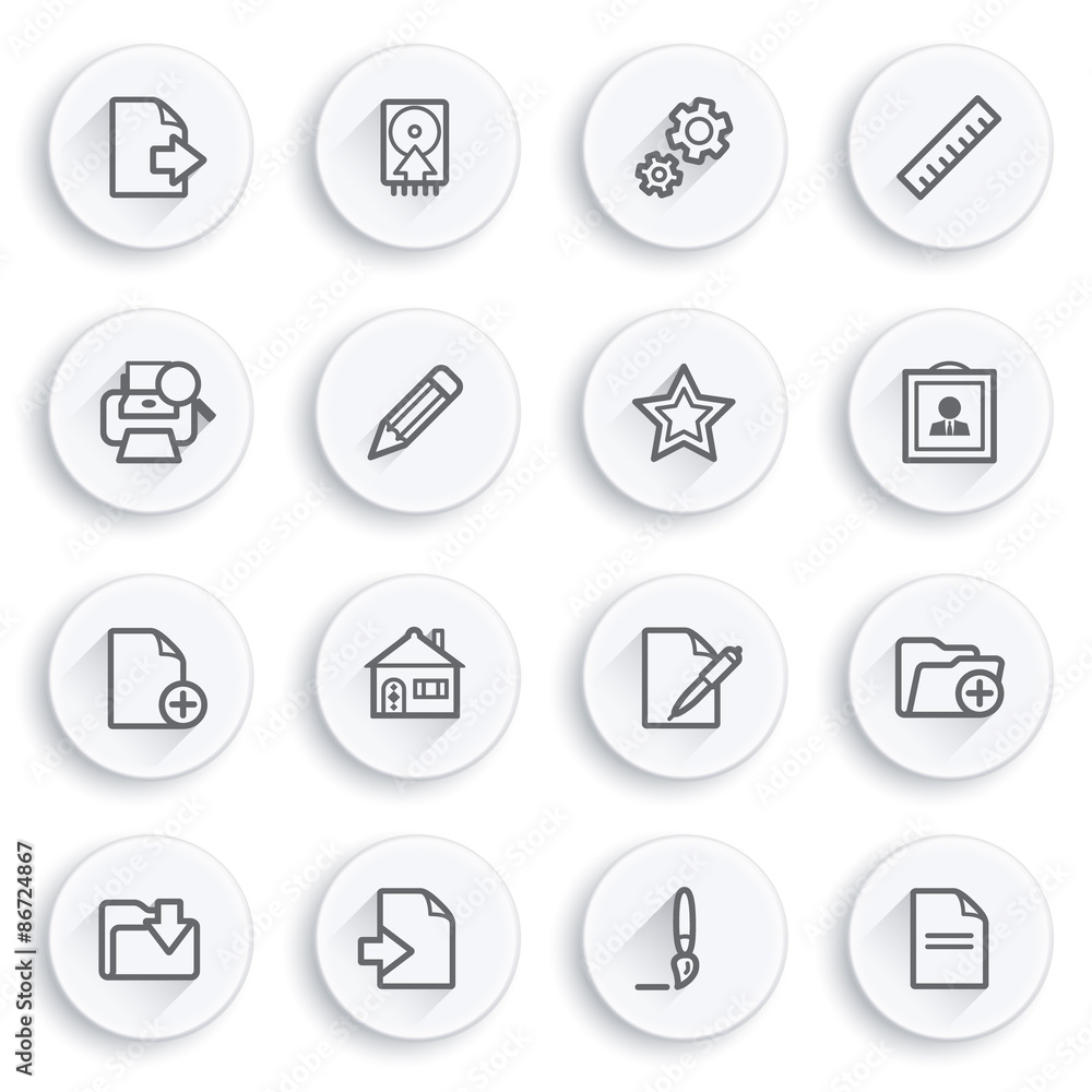 Document flat contour icons on white buttons. Document flat contour icons on white buttons.