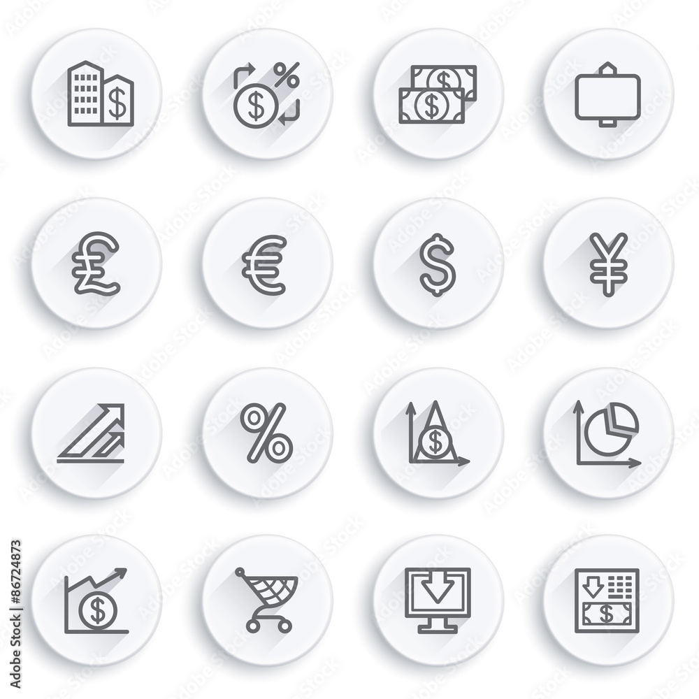 Finance flat contour icons on white buttons. Finance flat contour icons on white buttons.