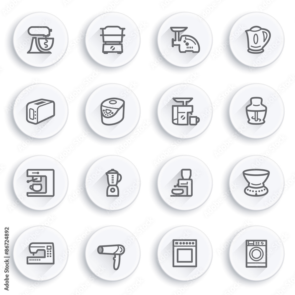 Home appliances flat contour icons on white buttons. Home appliances flat contour icons on white buttons.