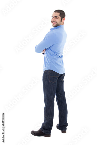 smiling young arabic business man in blue shirt isolated on whit