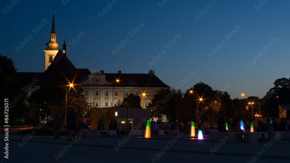 Obraz premium The church opposite to the leisure zone at the Janáček Theatre, HDR night shot