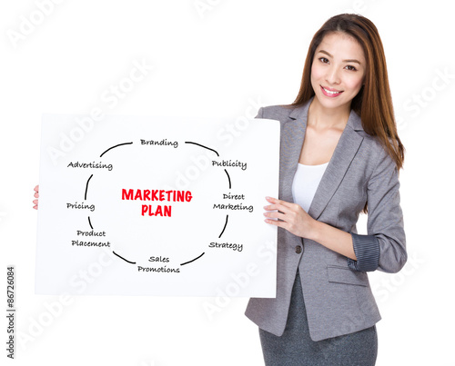 Businesswoman present on white board with marketing planning