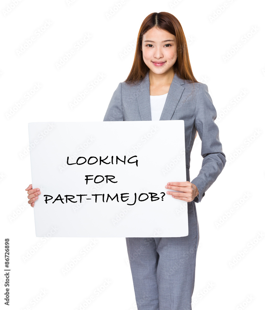 Business woman show with white banner for phrase of looking for Business woman show with white banner for phrase of looking for