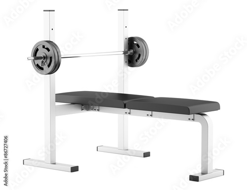 gym flat weight bench with barbell isolated on white background