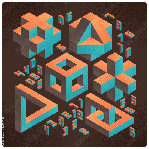 Isometric abstract geometry design elements with numbers font on dark background