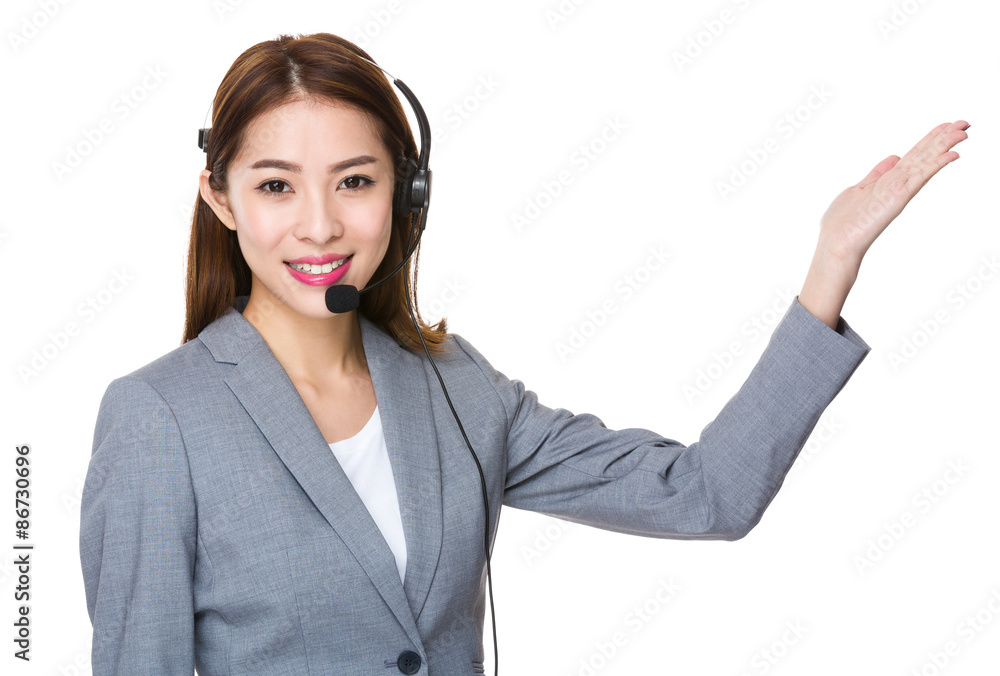 Customer services office with hand showing something Customer services office with hand showing something