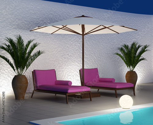 Purple sunbed lounge by the pool, summer holiday