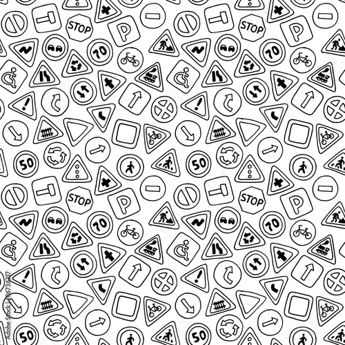 Seamless pattern of road signs.