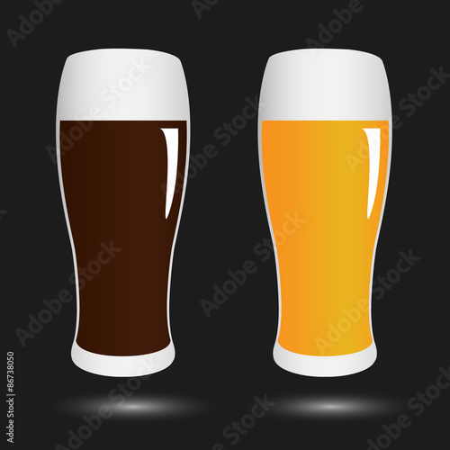 vector set volume glasses with dark and light beer on black back