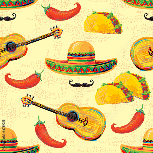 Mexican seamless music pattern with sombrero hat, mustache, guitar, taco and chill vector background. Perfect for wallpapers, pattern fills, web page backgrounds, surface textures, textile