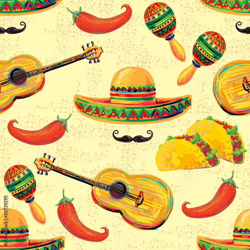 Mexican seamless music pattern with sombrero hat, mustache, maracas, taco and chill pepper vector background. Perfect for wallpapers, pattern fills, web page backgrounds, surface textures, textile